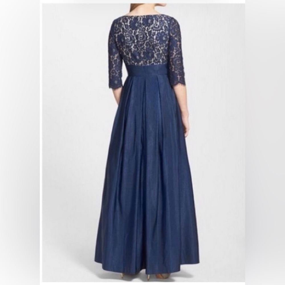 Eliza J Lace Faille Formal Empire Waist Gown Navy Blue Women Size 8 Wedding - Picture 2 of 14